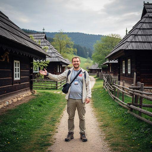 Tradičná drevená chalupa v múzeu pod holým nebom s okolitou malebnou prírodou.